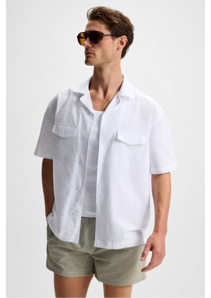 TERO Erkek %100 Pamuk Apaj Yaka Kısa Kollu Flamlı Oxford Comfort Fit Hawaii Beyaz Gömlek modelleri