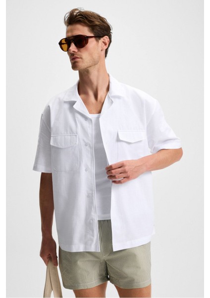 TERO Erkek %100 Pamuk Apaj Yaka Kısa Kollu Flamlı Oxford Comfort Fit Hawaii Beyaz Gömlek fırsatları