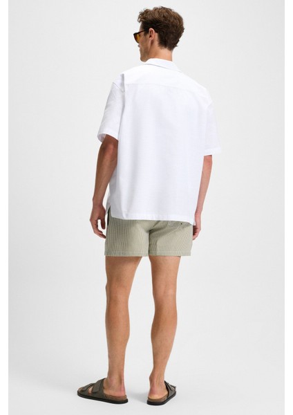 TERO Erkek %100 Pamuk Apaj Yaka Kısa Kollu Flamlı Oxford Comfort Fit Hawaii Beyaz Gömlek