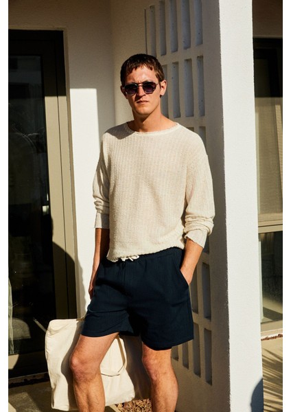 Leyton Erkek Relaxed Fit Çift Cepli Beli Lastikli Keten Karışımlı Dokuma Lacivert Şort & Bermuda