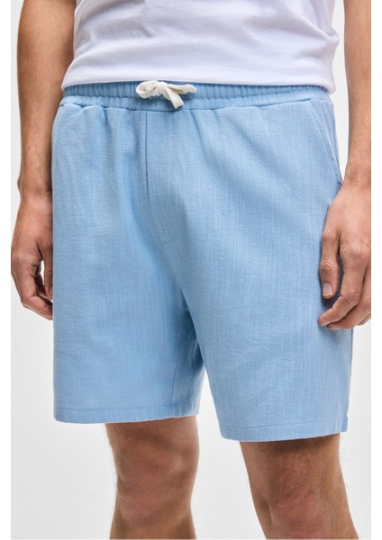 Leyton Erkek Relaxed Fit Çift Cepli Beli Lastikli Keten Karışımlı Dokuma Mavi Şort & Bermuda
