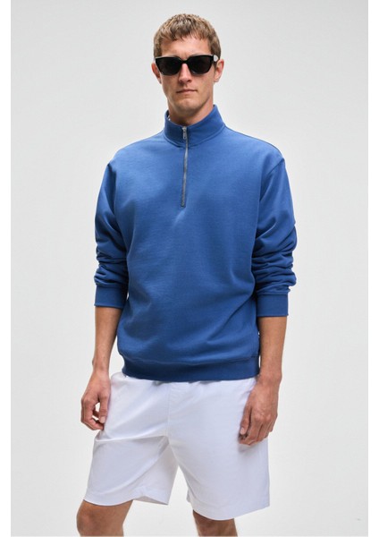 NESTOR Erkek Relaxed Fit Dik Yakalı Yarım Fermuarlı Uzun Kollu Mavi Sweatshirt modelleri