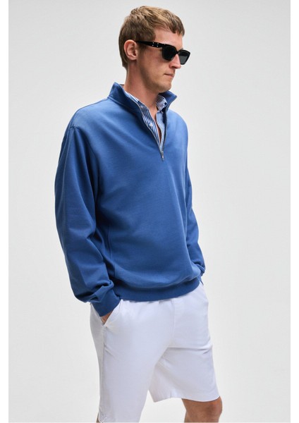 NESTOR Erkek Relaxed Fit Dik Yakalı Yarım Fermuarlı Uzun Kollu Mavi Sweatshirt fırsatları