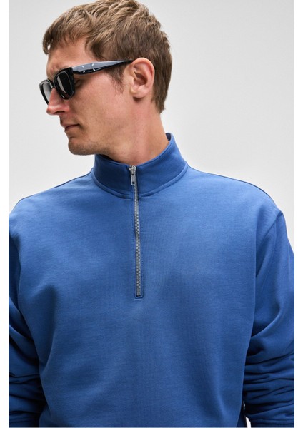 NESTOR Erkek Relaxed Fit Dik Yakalı Yarım Fermuarlı Uzun Kollu Mavi Sweatshirt indirimleri