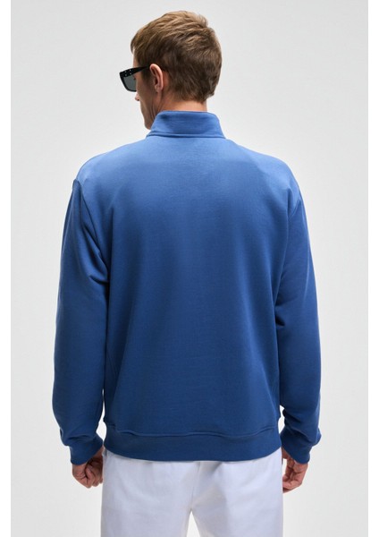 NESTOR Erkek Relaxed Fit Dik Yakalı Yarım Fermuarlı Uzun Kollu Mavi Sweatshirt
