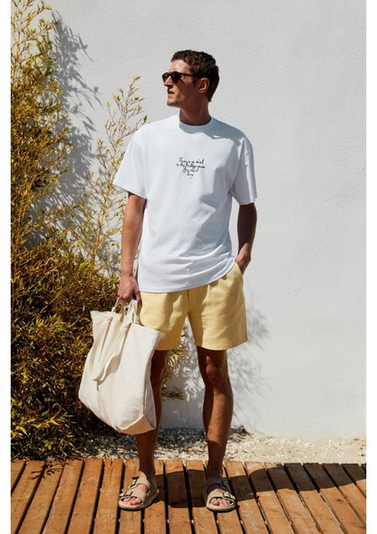 Leyton Erkek Relaxed Fit Çift Cepli Beli Lastikli Keten Karışımlı Dokuma Sarı Şort & Bermuda