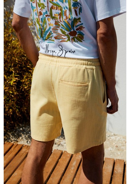 Leyton Erkek Relaxed Fit Çift Cepli Beli Lastikli Keten Karışımlı Dokuma Sarı Şort & Bermuda