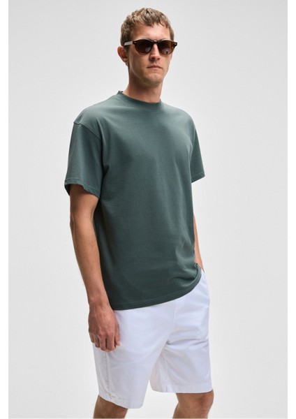 Feon Erkek Oversize Geniş Kesim %100 Organik Pamuk Kalın Dokulu Yuvarlak Yaka Koyu Yeşil T-Shirt modelleri