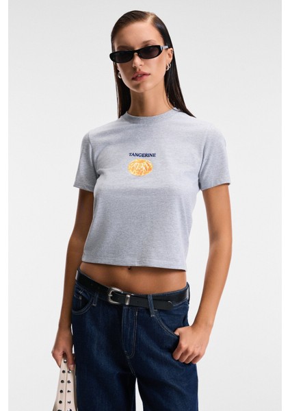 Elvera Kadın %100 Pamuk Comfort Fit Baskılı Kısa Kollu Yuvarlak Yaka Grimelanj T-Shirt