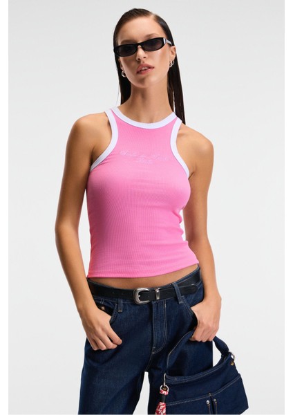 Selmıra Kadın Nakışlı Halter Yaka Slim Fit Kolsuz Pembe Atlet