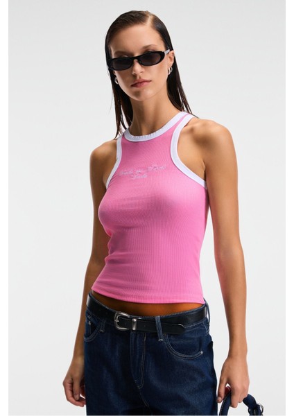 Selmıra Kadın Nakışlı Halter Yaka Slim Fit Kolsuz Pembe Atlet