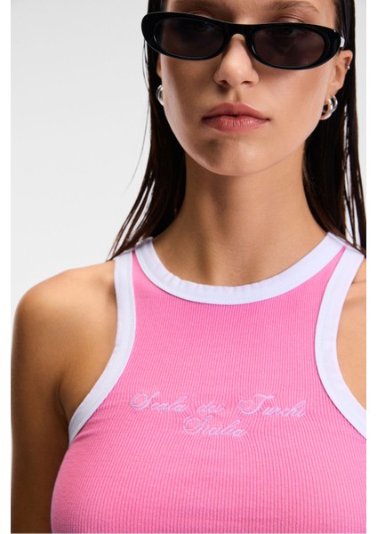 Selmıra Kadın Nakışlı Halter Yaka Slim Fit Kolsuz Pembe Atlet