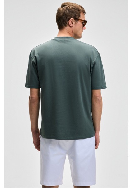 Feon Erkek Oversize Geniş Kesim %100 Organik Pamuk Kalın Dokulu Yuvarlak Yaka Koyu Yeşil T-Shirt