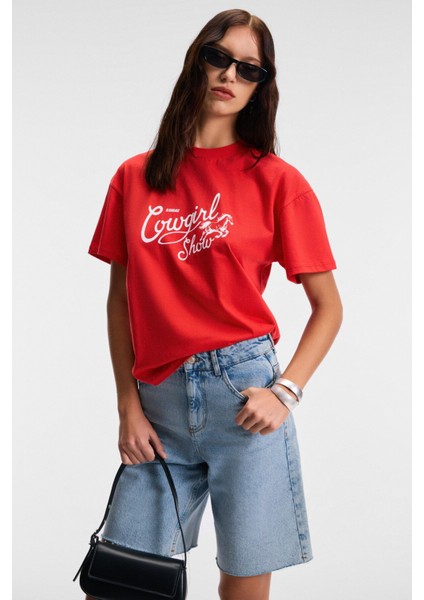 Rıvela Kadın Pamuk Regular Fit Baskılı Bisiklet Yaka Kısa Kol Kırmızı T-Shirt