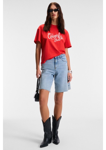 Rıvela Kadın Pamuk Regular Fit Baskılı Bisiklet Yaka Kısa Kol Kırmızı T-Shirt fiyatları