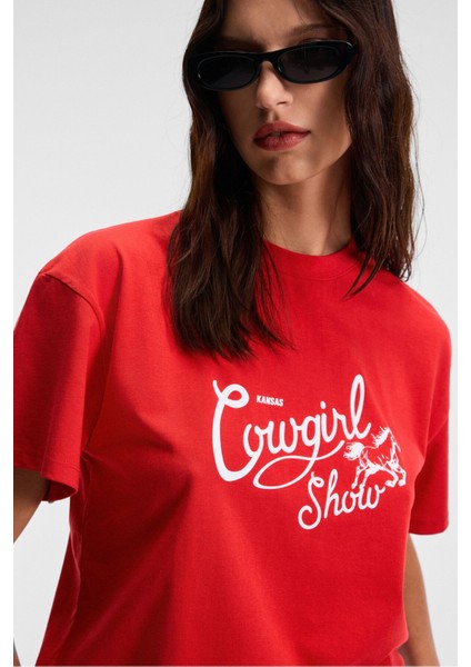 Rıvela Kadın Pamuk Regular Fit Baskılı Bisiklet Yaka Kısa Kol Kırmızı T-Shirt fırsatları
