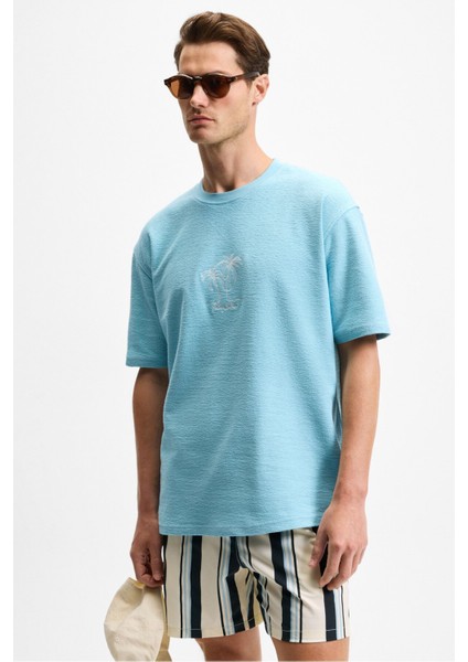 Ourflow Erkek Nakış Detaylı Organik Pamuk Bisiklet Yaka Kısa Kollu Oversize Açık Mavi T-Shirt