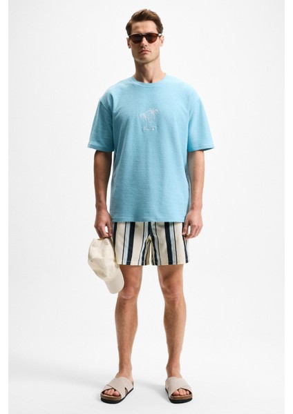 Ourflow Erkek Nakış Detaylı Organik Pamuk Bisiklet Yaka Kısa Kollu Oversize Açık Mavi T-Shirt