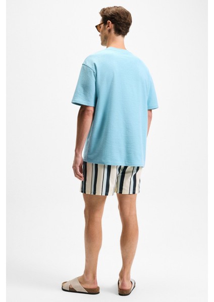 Ourflow Erkek Nakış Detaylı Organik Pamuk Bisiklet Yaka Kısa Kollu Oversize Açık Mavi T-Shirt