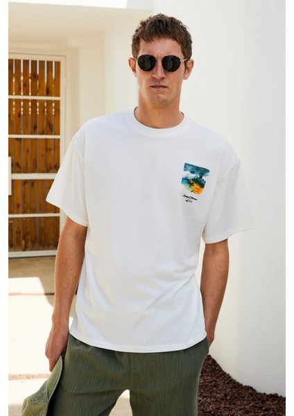 Italıa Erkek Organik Pamuk Ön Arka Baskı Detaylı Oversize Kısa Kol Ekru T-Shirt