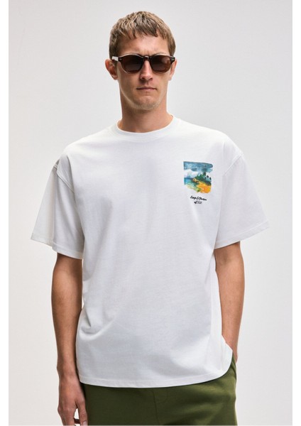 Italıa Erkek Organik Pamuk Ön Arka Baskı Detaylı Oversize Kısa Kol Ekru T-Shirt