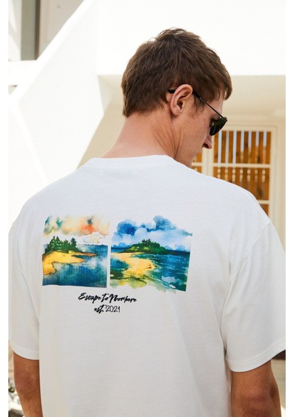 Italıa Erkek Organik Pamuk Ön Arka Baskı Detaylı Oversize Kısa Kol Ekru T-Shirt