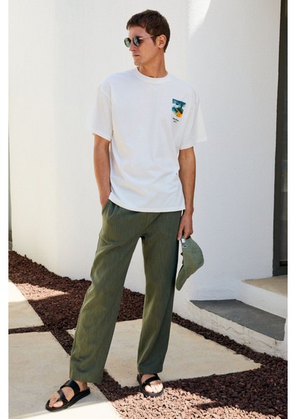 Italıa Erkek Organik Pamuk Ön Arka Baskı Detaylı Oversize Kısa Kol Ekru T-Shirt