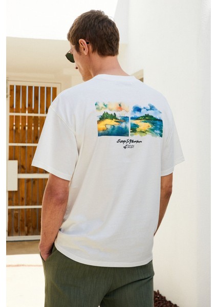 Italıa Erkek Organik Pamuk Ön Arka Baskı Detaylı Oversize Kısa Kol Ekru T-Shirt
