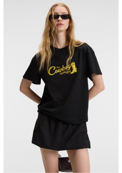 Rıvela Kadın Pamuk Regular Fit Baskılı Bisiklet Yaka Kısa Kol Siyah T-Shirt