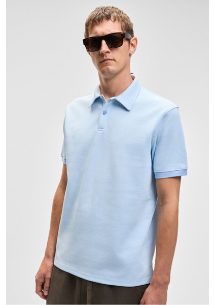 LAPORTE Erkek Dokulu Kumaşlı Slim Fit Mavi Polo Yaka T-shirt
