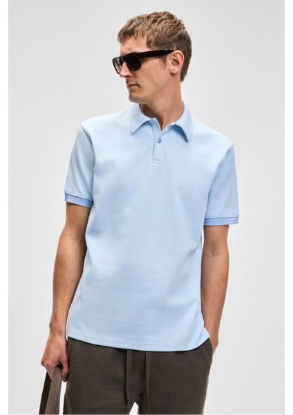 LAPORTE Erkek Dokulu Kumaşlı Slim Fit Mavi Polo Yaka T-shirt modelleri