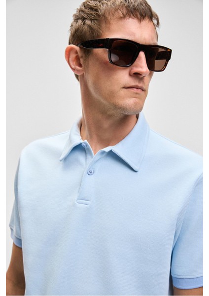 LAPORTE Erkek Dokulu Kumaşlı Slim Fit Mavi Polo Yaka T-shirt fırsatları