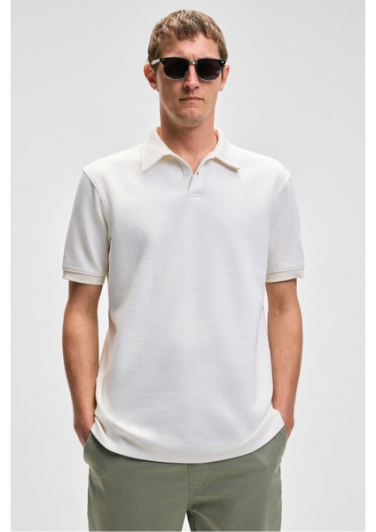 LAPORTE Erkek Dokulu Kumaşlı Slim Fit Beyaz Polo Yaka T-shirt