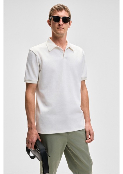 LAPORTE Erkek Dokulu Kumaşlı Slim Fit Beyaz Polo Yaka T-shirt modelleri