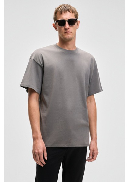 Feon Erkek Oversize Geniş Kesim %100 Organik Pamuk Kalın Dokulu Yuvarlak Yaka Açık Gri T-Shirt