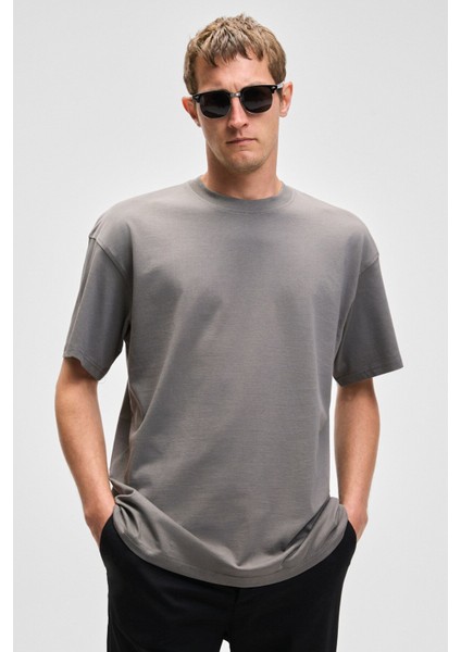 Feon Erkek Oversize Geniş Kesim %100 Organik Pamuk Kalın Dokulu Yuvarlak Yaka Açık Gri T-Shirt fiyatları