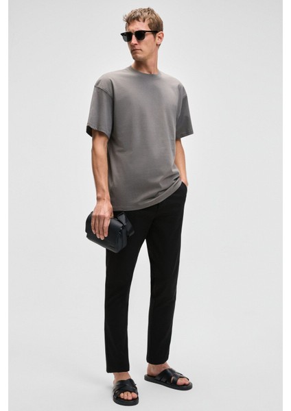 Feon Erkek Oversize Geniş Kesim %100 Organik Pamuk Kalın Dokulu Yuvarlak Yaka Açık Gri T-Shirt modelleri