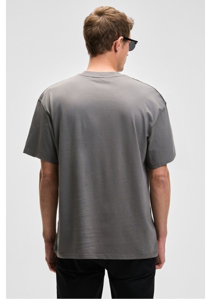 Feon Erkek Oversize Geniş Kesim %100 Organik Pamuk Kalın Dokulu Yuvarlak Yaka Açık Gri T-Shirt indirimleri