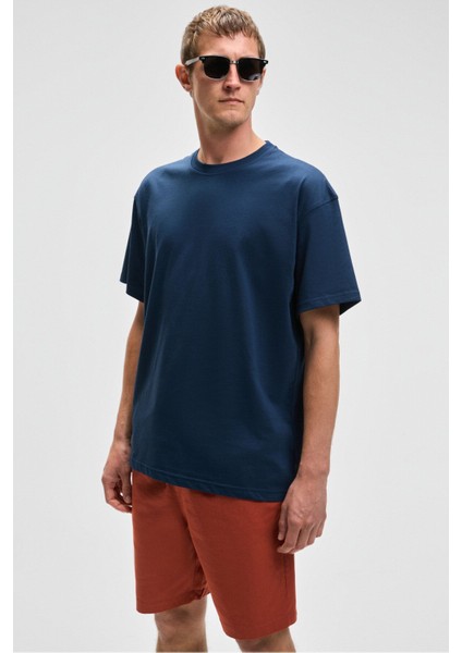 Feon Erkek Oversize Geniş Kesim %100 Organik Pamuk Kalın Dokulu Yuvarlak Yaka Lacivert T-Shirt indirimleri