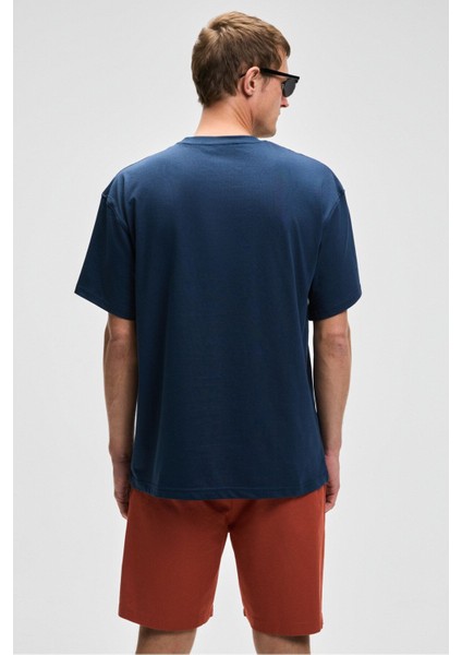 Feon Erkek Oversize Geniş Kesim %100 Organik Pamuk Kalın Dokulu Yuvarlak Yaka Lacivert T-Shirt