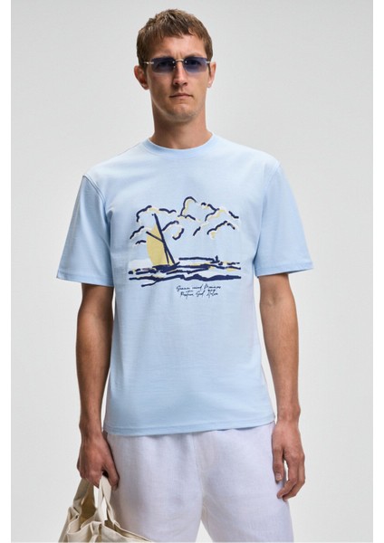 PROVENCE Erkek Bisiklet Yaka %100 Organik Pamuklu Regular Fit Mavi T-Shirt