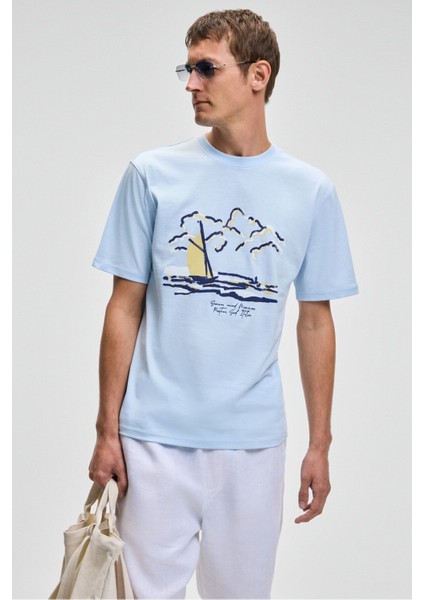 PROVENCE Erkek Bisiklet Yaka %100 Organik Pamuklu Regular Fit Mavi T-Shirt modelleri