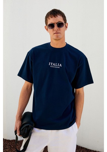 Italıa Erkek Organik Pamuk Ön Arka Baskı Detaylı Oversize Kısa Kol Lacivert T-Shirt