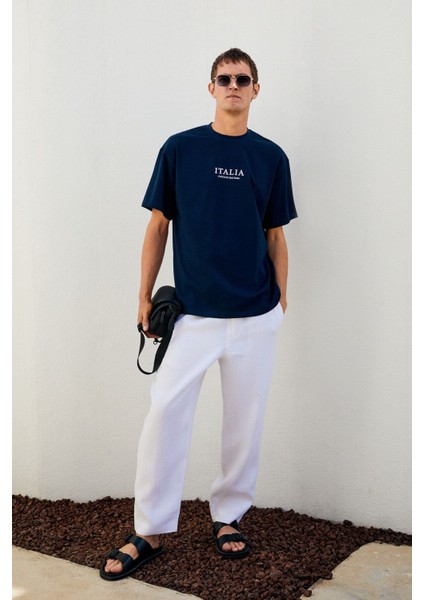 Italıa Erkek Organik Pamuk Ön Arka Baskı Detaylı Oversize Kısa Kol Lacivert T-Shirt