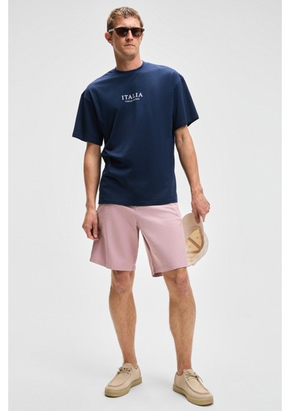 Italıa Erkek Organik Pamuk Ön Arka Baskı Detaylı Oversize Kısa Kol Lacivert T-Shirt