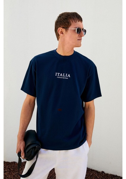 Italıa Erkek Organik Pamuk Ön Arka Baskı Detaylı Oversize Kısa Kol Lacivert T-Shirt