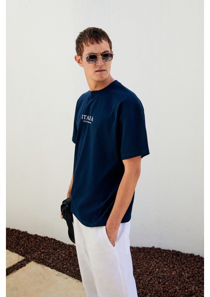 Italıa Erkek Organik Pamuk Ön Arka Baskı Detaylı Oversize Kısa Kol Lacivert T-Shirt