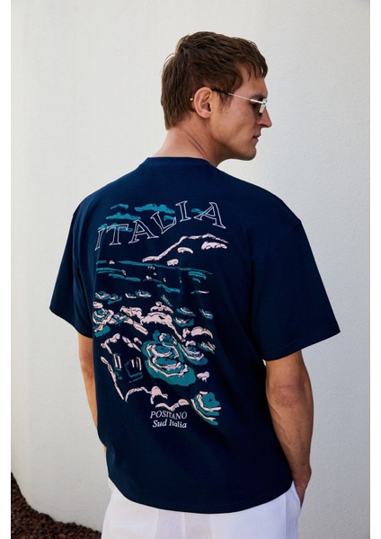 Italıa Erkek Organik Pamuk Ön Arka Baskı Detaylı Oversize Kısa Kol Lacivert T-Shirt
