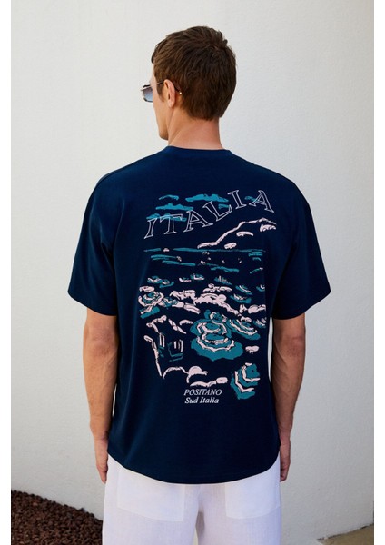 Italıa Erkek Organik Pamuk Ön Arka Baskı Detaylı Oversize Kısa Kol Lacivert T-Shirt