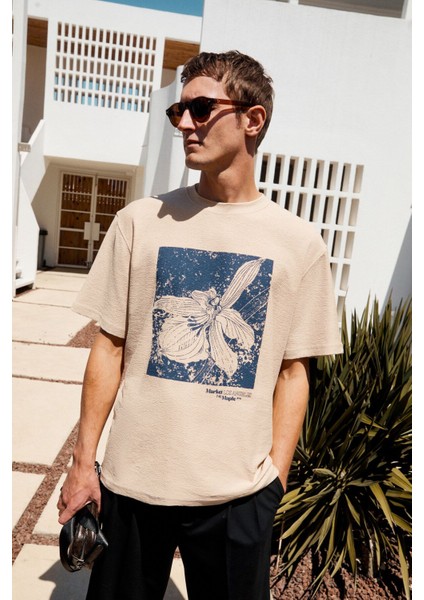 Nord Erkek Baskı Detaylı Organik Pamuk Oversize Kısa Kol Bisiklet Yaka Bej T-Shirt